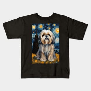 Cute Lhasa Apso Dog Breed Painting in a Van Gogh Starry Night Art Style Kids T-Shirt